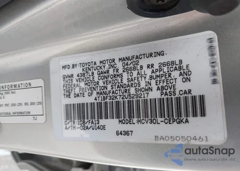 2002 Toyota Camry Xle V6 from USA, damaged, VIN 4T1BF32K72U529217